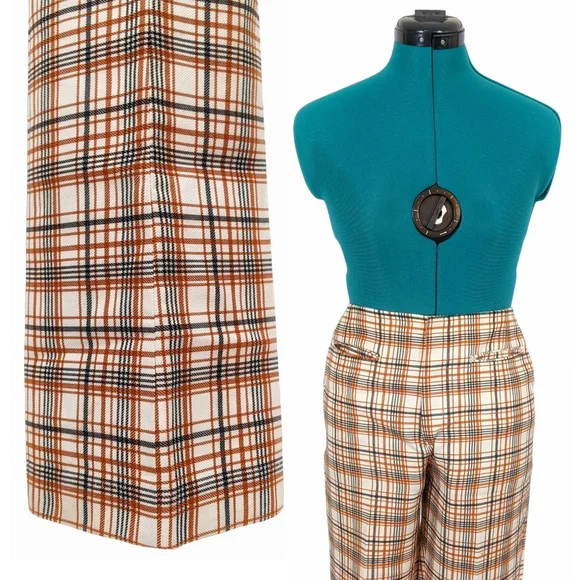 1960s Levi's for Gals Pants 1970s Bootcut Flare Trousers Plaid Brown Mid Rise - Picture 5 of 9